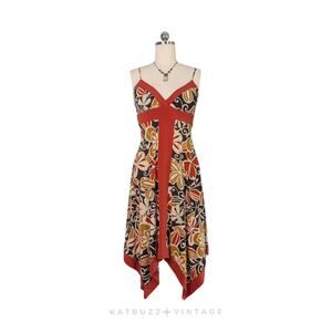 Vintage Midi Dress M Orange Brown Y2K Boho Fairy Floral Hippie Grunge Babydoll
